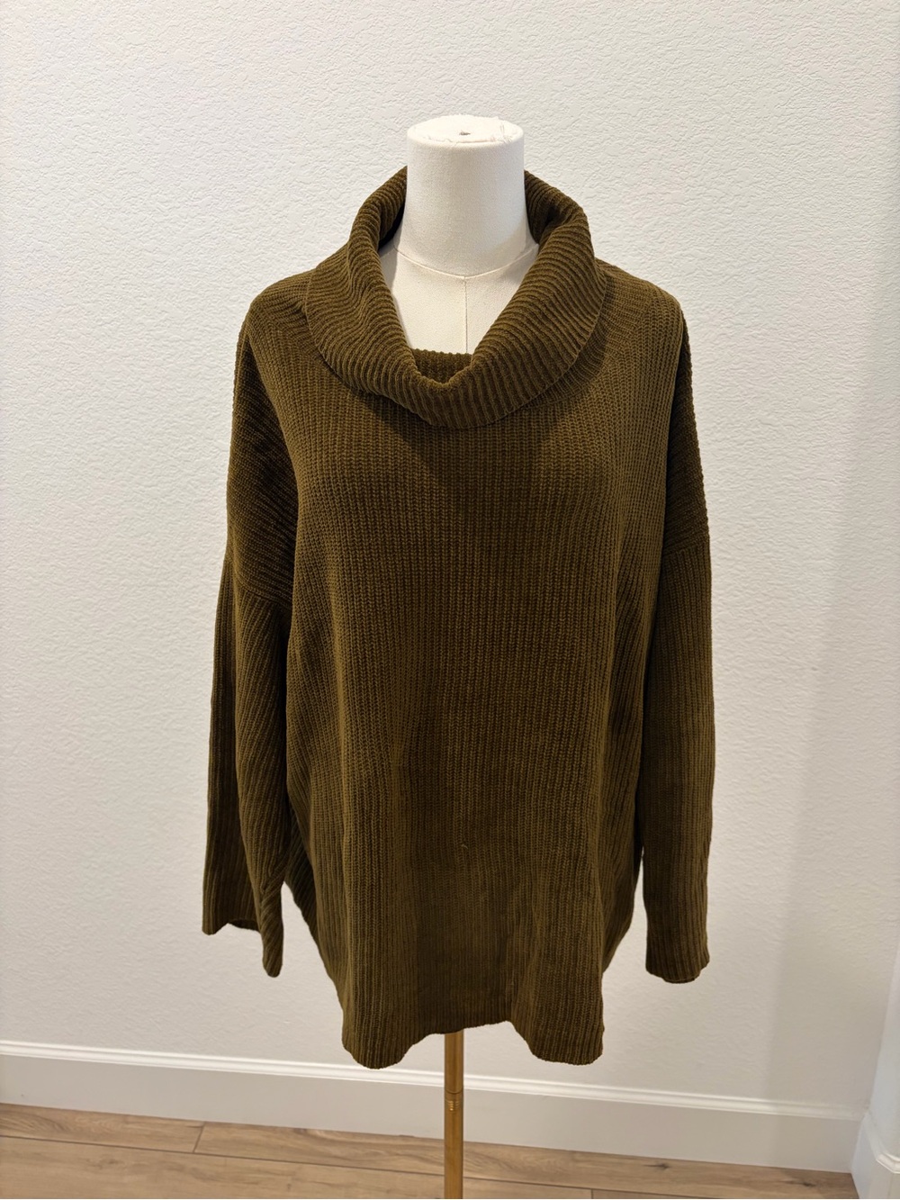 Eileen Fisher Organic Cotton Soft Cowl Neck Sweater Olive Green Size XL